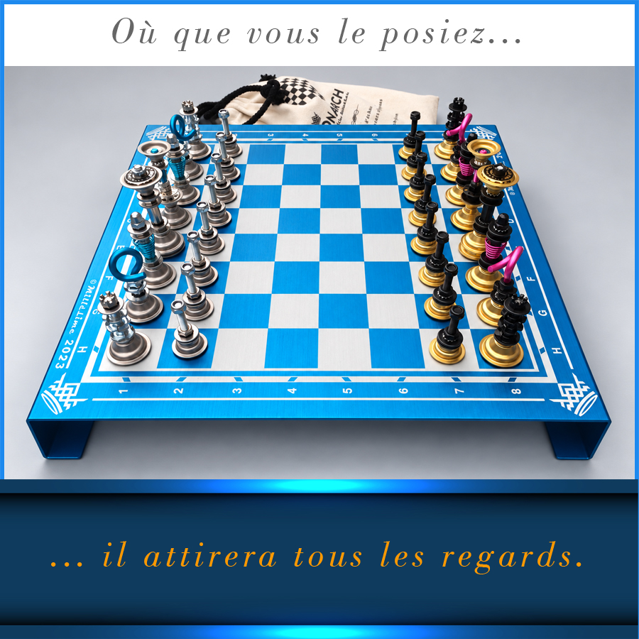 Jeu d’échecs Meca-MONARCH© – Échiquier aluminium bleu & pièces Millésime 2026 – Image 3