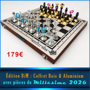 Jeu d'échecs BIM24/26 : Coffret bois & aluminium 2024 + Pièces 2026